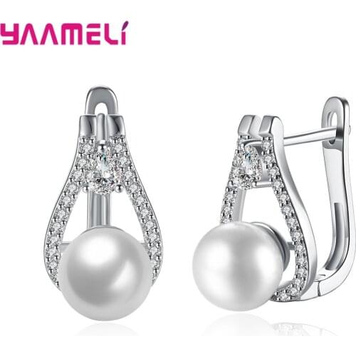 Luxury Cubic Zirconia Inlay 925 Sterling Silver Hoop Earrings for Women Female Ball Round Pearls Hot Sale Party Jewelry