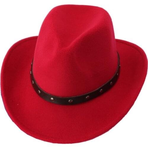 Autumn Winter Western Cowboy Fedora Hats with Rivet Leather Band Goth Top Vintage Women Men Wool Felt Party Formal Hat