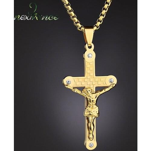 Nextvance Gold Cubic Zircon Jesus Crocifix Cross Necklace Vintage Stainless Steel Chain Necklace For Engagement Wedding Gifts