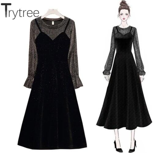 Trytree Autumn Winter Women Dress Casual Shining O-neck Butterfly Sleeve Patchwork Dresses Mid-Calf A-line Velvet Party Dress