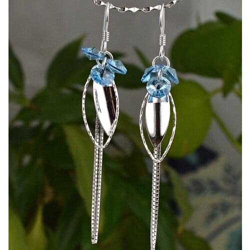 Guarantee Plain 925 Sterling Silver, Crystal Leaf Earrings, 60 mm, 2.8g, EA31083-blue