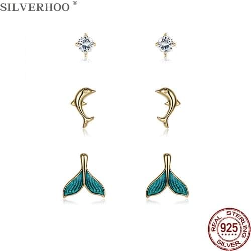 SILVERHOO Genuine 925 Sterling Silver Jewelry Fish Tail & Dolphin Stud Earrings Set Clear Zircon Samll Earrings For Women Gift