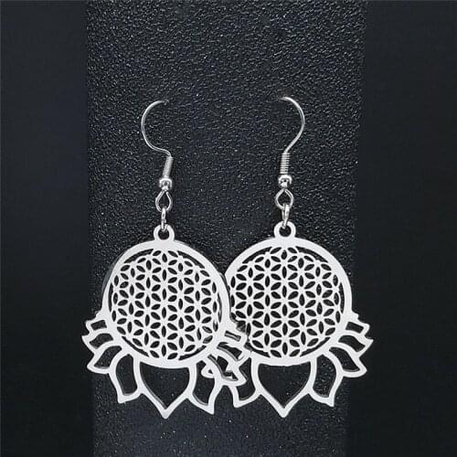 2021 Yoga Stainless Steel Flower of Life Drop Earrings Women Silver Color Earrings Jewelry boucles d oreille femme E1005S04