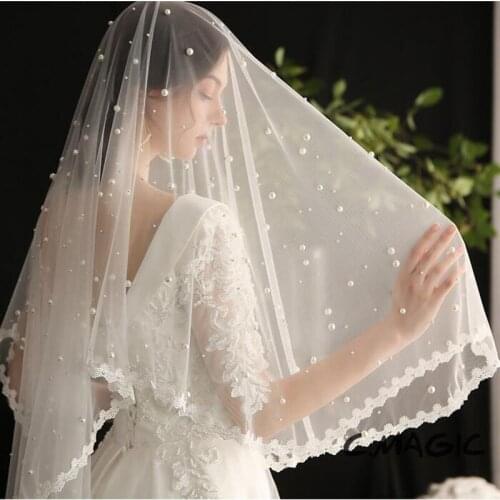 SLBRIDAL Lace Flower Edge Pearls Wedding Veils With Comb White Bridal Veils Wedding Accessories For Bride Mariage Women