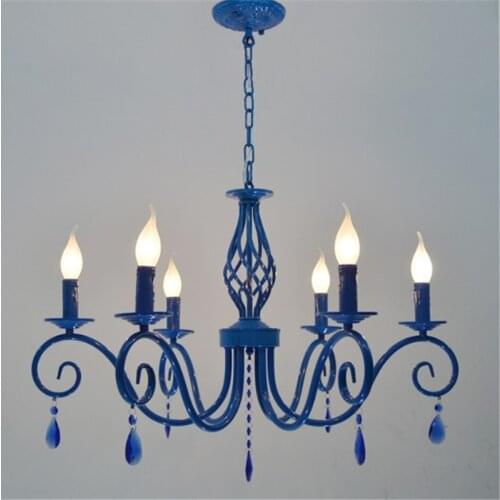 Blue Color Metal Crystal Chandelier E14 Candle Light Lamp European Classic Vintage Suspension Lighting Fixture