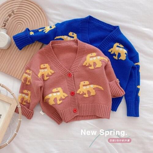 Spring Kids Sweaters Girls Cardigan Dinosaur Jacquard Pattern Royal Blue Boys Knitted Coat Unisex Cotton Cartoon Autumn Clothes