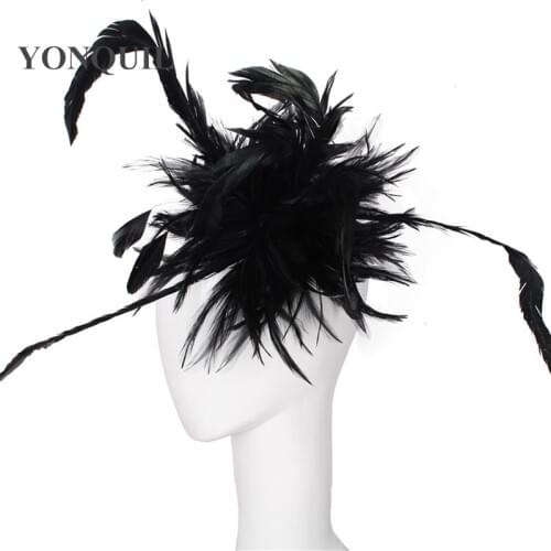 Black Feather Flower Fascinator Hats Hair Clip Elegant Wedding Bridal Hair Accessoires Royal Blue Millinery Party Hats SYF41