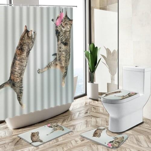 Cute Cat Animal Print Shower Curtain Set Fun Pet Theme Waterproof Bathroom Bathtub Art Deco Non-Slip Rug Toilet Cover Bath Mat