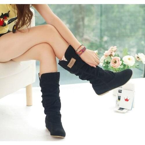 2020 New Spring Autumn Boots Women Female Round Toe Mid-calf Sweet Princess Party Boot Stylish Flat Flock Shoes Snow Boots