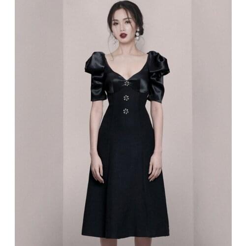 Vintage 2021 New Black Short Sleeve Women Summer Dress Runway High-End Sexy V-Neck Buttons Elegant A-Line Maxi Party Dresses