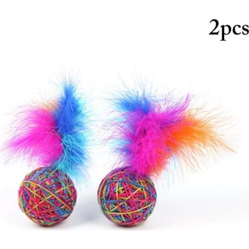 Legendog 2Pcs Colorful Cat Ball Toys Fake Feather Decor Cat Training Toy Cat Chew Toy Pet Interactive Supplies Cat Favors