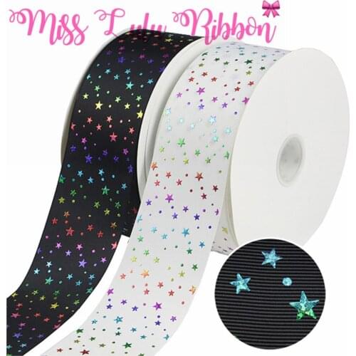 3"75mm Rainbow Hologram Foil Shiny Little Star Printed Solid Grosgrain Ribbon DIY Gift Bowknots Hair Band Making 50yards/roll