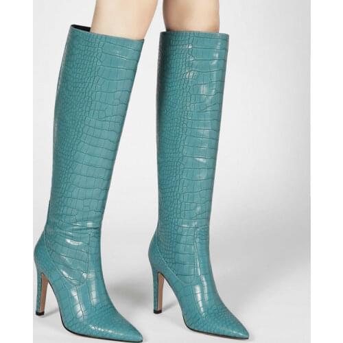 Brand Women Boots Fashion High Heels Knee High Boots Faux Leather Pointed Toe Thin Heel Boots Winter Warm Female Boots