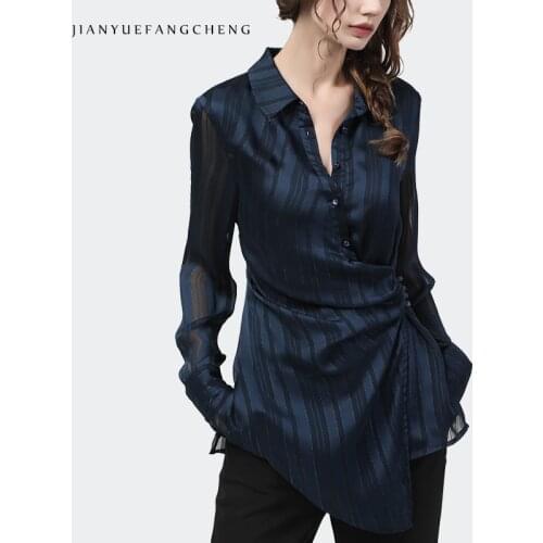 Long Women Chiffon Top POLO Shirt Dark Blue Striped Long Sleeve Turn-down Collar Hang buckle Shirt Fashion Korean Female Blouses