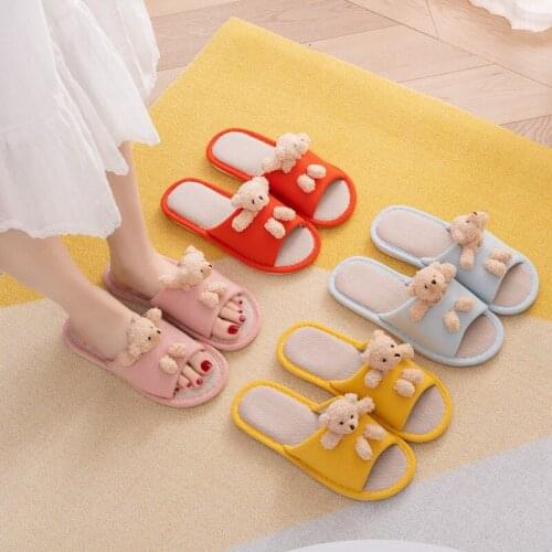 Parent-child cartoon cute Summer Bear Home Slippers Casual Breathable Gingham Indoor Floor Flat Shoes Stitching Linen Slippers