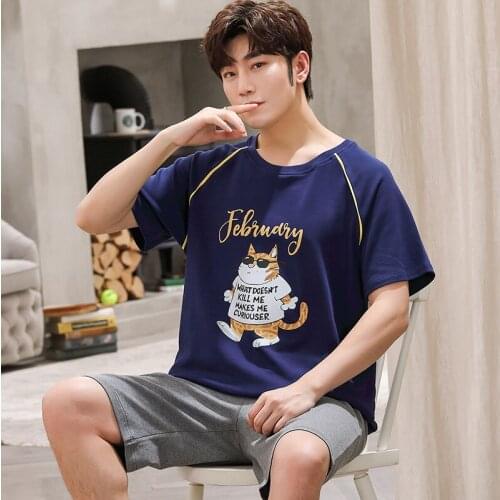 Cotton Male Nightwear Leisure Crew Neck Cool Cartoon Printing Short Sleeve Shorts Fashion Blue Man Clothes Summer Pajamas Sets