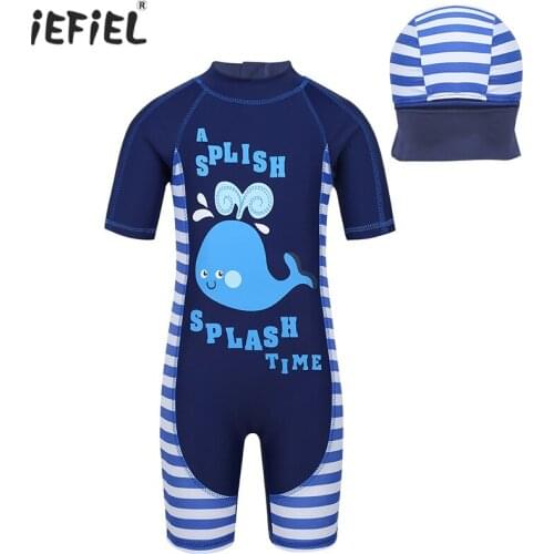 IEFiEL Kids Boys One-piece Bathing Suit Short Sleeve Swimwear Shark/Whale Printed Zippered Swimsuit Swimwear Rash Guard with Cap