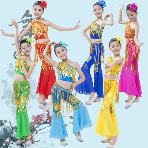 Chinese Folk Dance Dai Dance Costume Peacock Dance Wear for Children Top + Pants Traditional Folk Performance Clothing