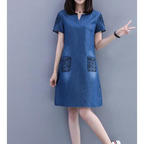 Summer Womens Clothing New Elegant Mid-Length Casual Loose Large Size Short Sleeve Denim Dress