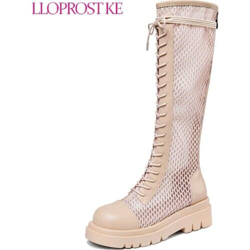 Lloprost ke New Fashion Women Knee High Boots Square heel Zipper Sexy Lace Mesh Boots Summer Cool Boots Breathable Womens Shoes
