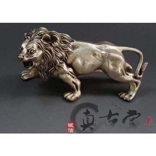 TOP COLLECTION # HOME OFFICE DECOR ART -OLD VINTAGE CHINA SILVER LION SCULPTURE SILVER PLATING STATUE