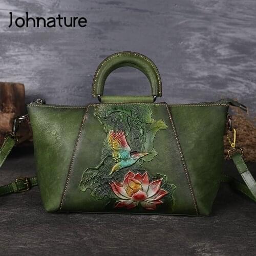 Johnature 2020 New Luxury Bag Handmade Embossed Flower Retro Women Handbag First Layer Cow Leather Shoulder Messenger Bag