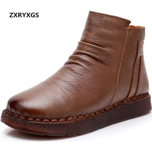 New Winter Hand-stitched Women Boots Ankle Boots Flat Soft Bottom Non-slip Genuine Leather Boots Women Warm Shoes Snow Boots