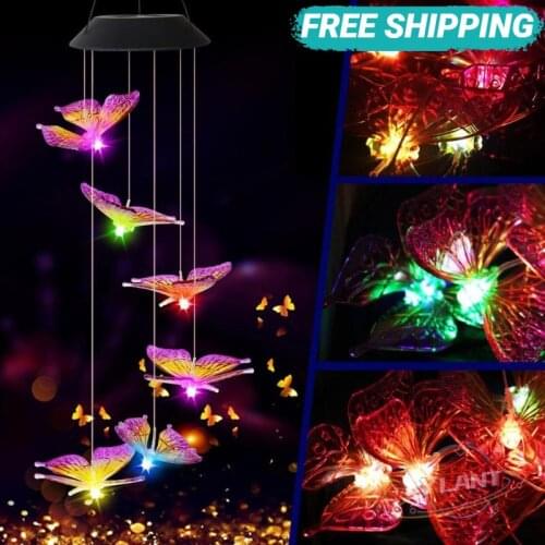 NEW 6LED Solar Power Changeable Light IP65 Waterproof Colorful Butterfly Wind Chime Lamp for Home Outdoor Garden Yard Decoration