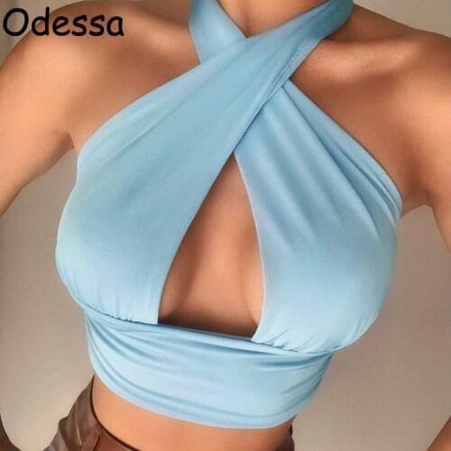 Odessa Sexy Blue Hollow Out Halter Neck Corset Top Crop Sleeveless Criss Cross Women Backless Black Ruched Summer Tank Tops 2021