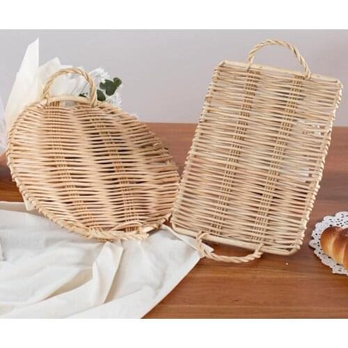 Handwoven Rattan Fruit Tray Storage Tray Wooden Round Basket Bread Food Plate Fruit Cake Platter Kitchen Utensil