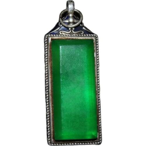 China Old Tibetan Silver Inlaid Emerald Pendant