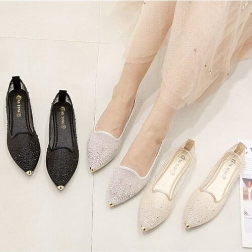 Hot Women Crystal Breathable Mesh Metal Pointed Toe Ballet Flats Woman Fairy Slip on Rhinestone Moccasins Shoes Zapatos De Mujer