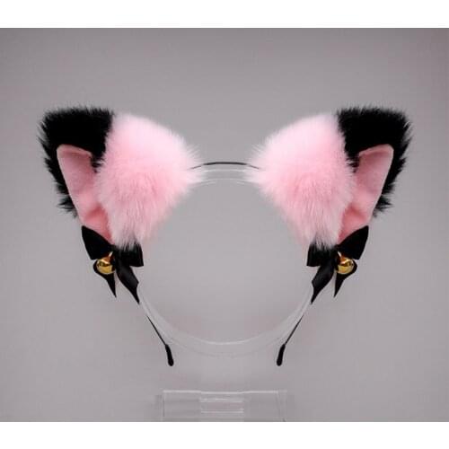 Faux Fur Pink Kitten Ears Headband with Bowknot Bell Furry Plush Animal Cosplay Hair Hoop Lolita Kawaii Party Headpiece