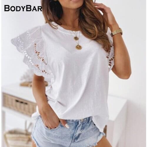 Lace Lotus Leaf Short-sleeved T-shirt Ladies Casual Patchwork Plus Size O Neck Spring Summer Daily Top Women Oversized Pullovers