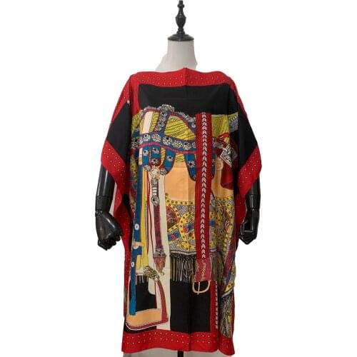 Traditional Printed Middle East Silk Kaftan Maxi dresses Oversize Length 100 cm Kuwait Popular Muslim Women Midi Dress for party