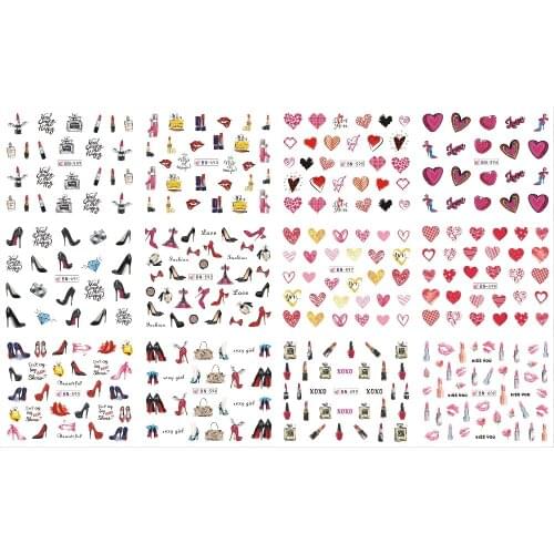 UPRETTEGO 12 PACKS / LOT NAIL ART BEAUTY WATER DECAL SLIDER NAIL STICKER LIPS STICK HIGH HEEL SHOES HEARTS KISS BN589-600