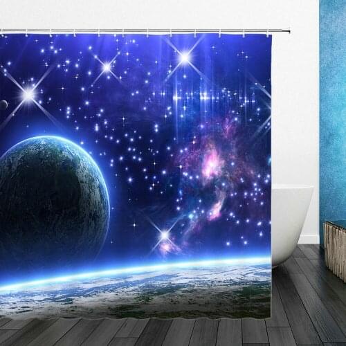 Hot Sale Space Landscape Shower Curtains Planet Stars Pattern Bathroom Decor Waterproof Polyester Fabric Curtain Set Cheap
