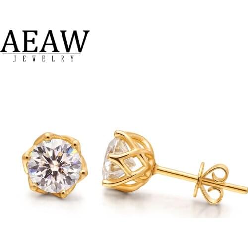 1.0 Carat 6.5mm D Color Moissanite Stud Earrings For Women Top Quality 100% 14k Real Yellow Gold Sparkling Wedding Jewelry