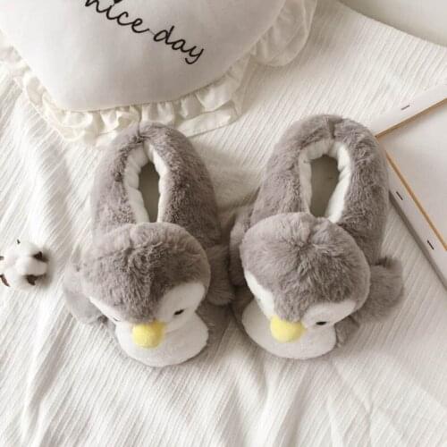 Women Winter Lovely Cartoon Penguin Cotton Slippers Gray Pink Warm Slides Cute Penguin Indoor Shoes Faux Fur Slides Girl