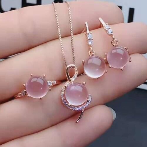 Natural Pink Quartz Gemstone Fine Jewelry Set 925 Pure Silver Necklace Earrings and Ring Fashion Jewelry for Women【FS Jewelry