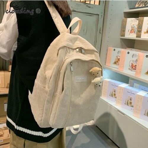 Womens Kawaii Backpack Striped Corduroy Shoulder Bag Girls Casual School Bag Student Japanese Backpack