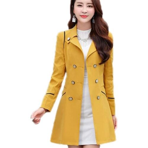 Spring Autumn Women Trench Coat Turn-Down Collar Casual Trench Coats Female Solid Color Slim Pockets Double Breasted Coats O183