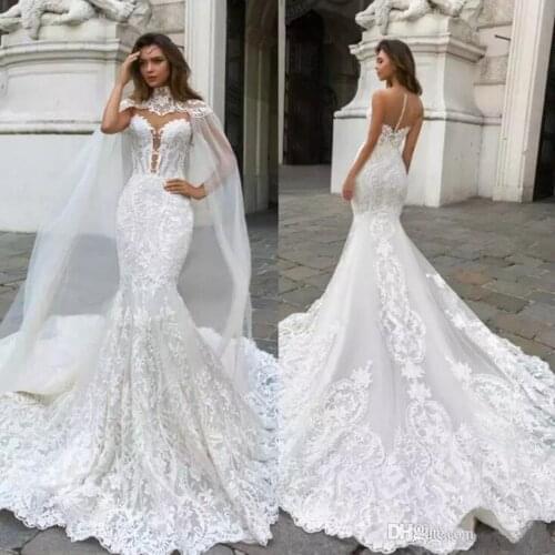 Mermaid Wedding Dresses With Cape Sheer Plunging Neck Bohemian Wedding Dress Lace Appliqued Bridal Gowns Vestidos De Novia