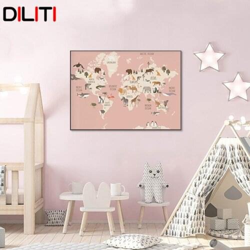 Animal World Map Nursery Wall Art Canvas Painting Scandinavian Posters and Prints Cute Cartoon Animals Pictures Kids Room Decor