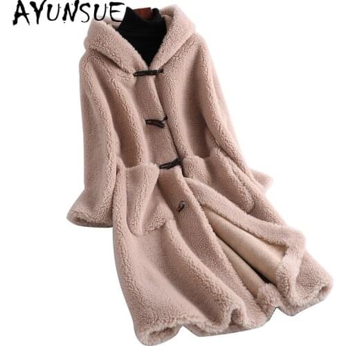AYUNSUE 2020 Real Fur Coat Women Hooded Autumn Winter Clothes Women Wool Fur Jacket Korean Sheep Shearing Womens Coats KJ5961