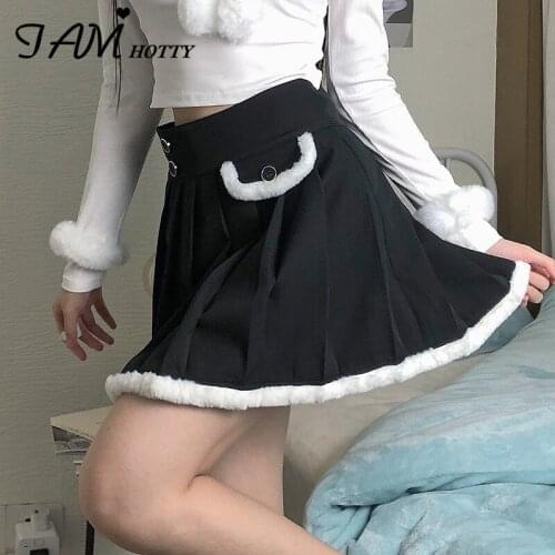 White Furry Feather Button Patchwork Pleated Skirt Women Dark Academia Aesthetic Kawaii Fashion Winter Mini Skirts 90s Iamhotty