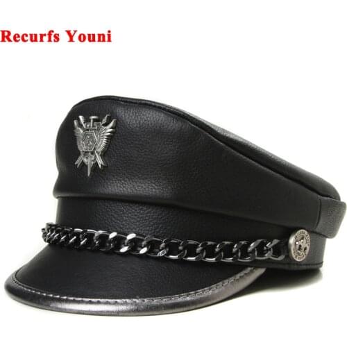 Novelty Winter Men‘s Genuine Leather Hat Male Flat Top Badge Locomotive Retro Military Caps Students Punk Cortical Chain Gorra