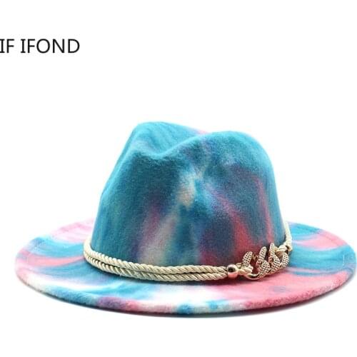 Fedora Hat for Woman British Style Unisex Tie dye Winter Wide Brim Wool Felt Hat Gentleman Wedding Hat