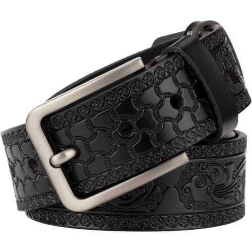 UFAY Embossed Pin Buckle Leather Belt for Men Fashion Flower Pattern Design Leisure Retro