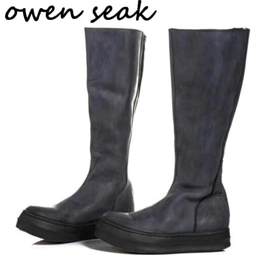 Owen Seak Men Shoes Knee High Boots Cow Leather Luxury Trainers Winter Snow Boots Casual Flats Shoes Black Big Size Sneakers